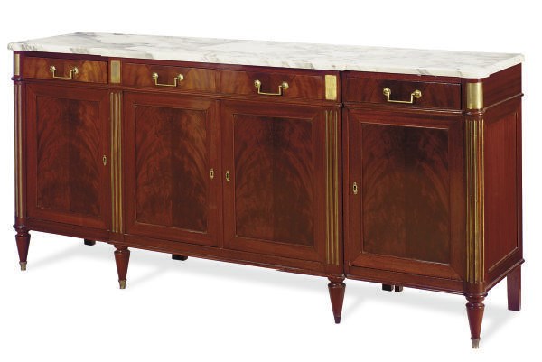 A GILT-METAL MOUNTED MAHOGANY AND MARBLE TOP SIDEBOARD,