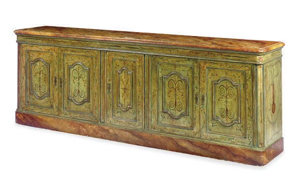 A POLYCHROME-PAINTED, FAUX-MARBLE TOP CREDENZA,