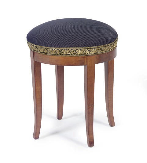A FRUITWOOD AND UPHOLSTERED STOOL,