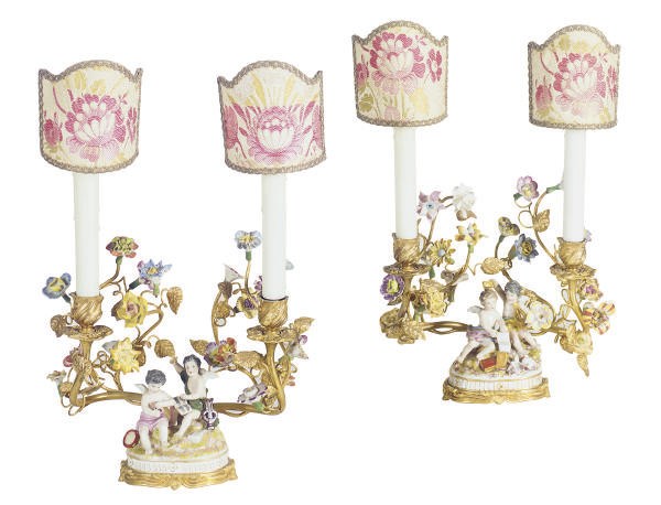 A PAIR OF FRENCH ORMOLU AND PORCELAIN FIGURAL TWO-LIGHT CANDELABRA,