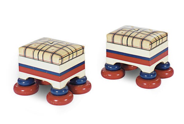 A PAIR OF RED, WHITE AND BLUE PAINTED AND UPHOLSTERED STOOLS,