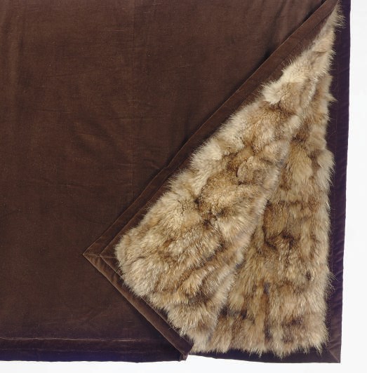 A COYOTE SKIN FUR AND BROWN VELVET THROW,