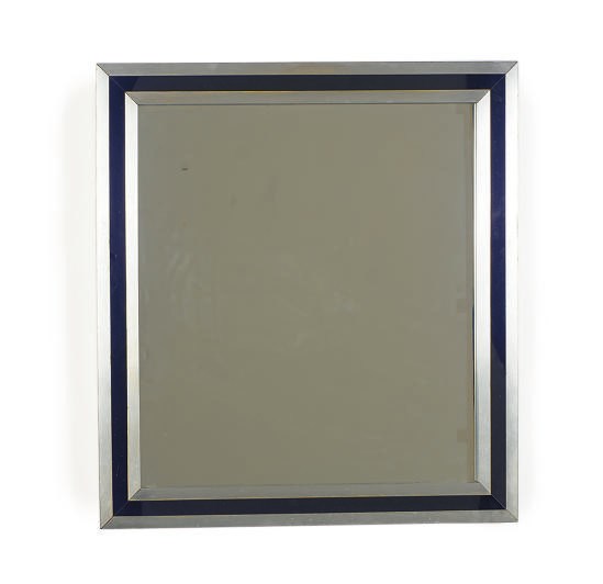 A CHROMED AND ENAMELED METAL WALL MIRROR,