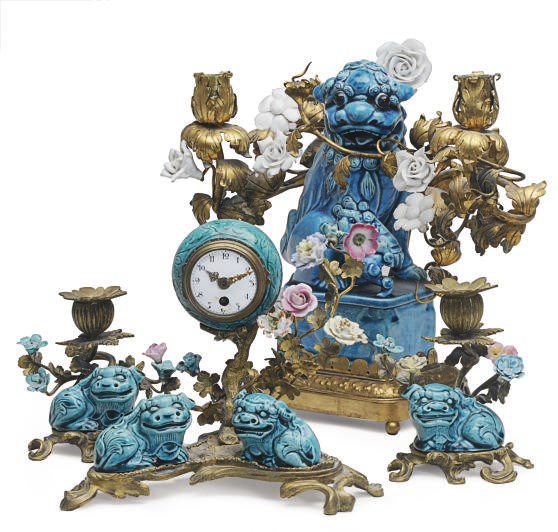 AN ASSEMBLED CHINESE TURQUOISE PORCELAIN GILT-METAL MOUNTED CLOCK GARNITURE,