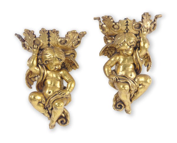 A PAIR OF GILT-COMPOSITION FIGURAL WALL POCKETS,