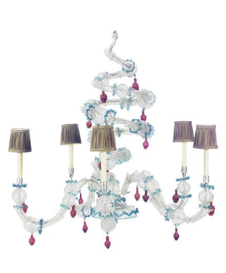 A VENETIAN CLEAR, BLUE AND RUBY COLORED GLASS FIVE-LIGHT CHANDELIER,
