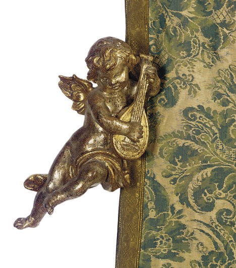 A GROUP OF FOUR GREEN AND BEIGE FLORAL TAPESTRY CURTAINS,