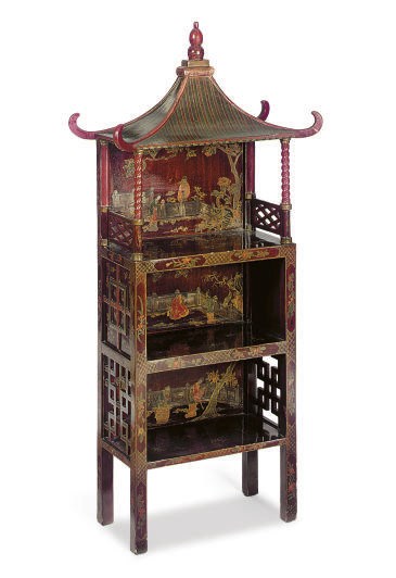 A POLYCHROME-LACQUER PAGODA-FORM ETAGERE,