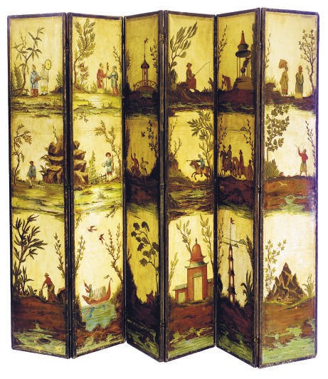 A CONTINENTAL PAINTED SIX-PANEL FLOOR SCREEN,