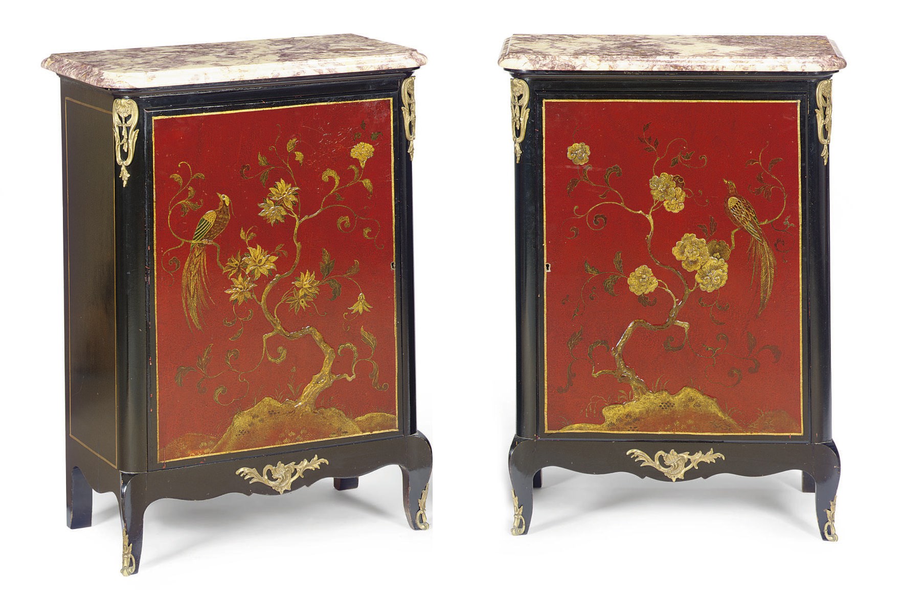 A PAIR OF GILT-METAL MOUNTED EBONIZED AND LACQUERED MARBLE TOP SIDE CABINETS,