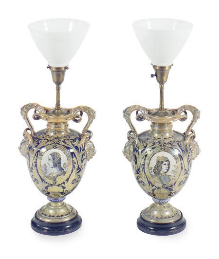 A PAIR OF URBINO MAJOLICA LUSTRE GLAZED SCROLL HANDLED VASES MOUNTED AS LAMPS,