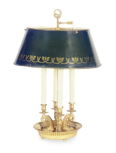 A GILT-METAL AND TOLE PIENTE DOLPHIN-FORM BUILLOTTE LAMP,