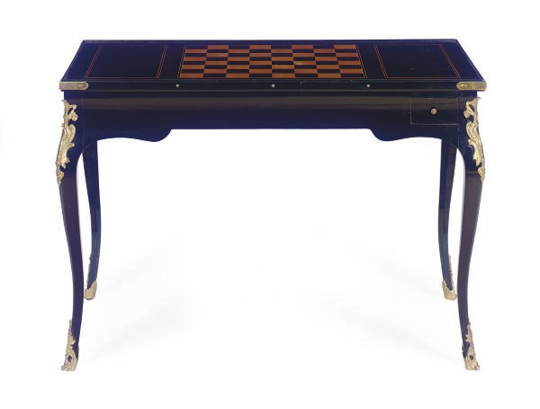 A GILT-METAL MOUNTED, SATINWOOD AND EBONIZED TRIC-TRAC TABLE,