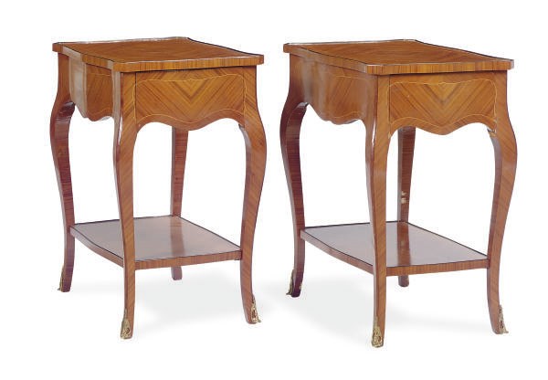 A PAIR OF FRENCH TULIPWOOD AND EBONIZED SIDE TABLES,
