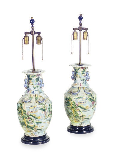 A PAIR OF CHINESE EXPORT PORCELAIN VASES MOUNTED AS LAMPS,