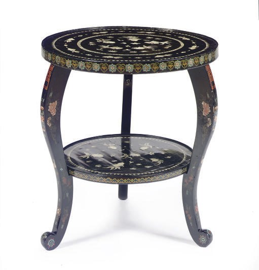 A CHINESE POLYCHROME AND BLACK-LACQUER AND MOTHER-OF-PEARL SIDE TABLE,