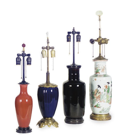 FOUR VASES MOUNTED AS LAMPS,