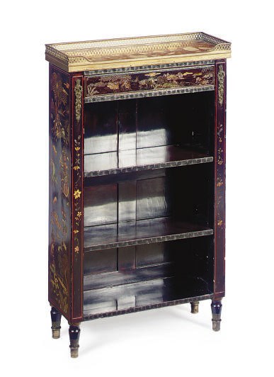 A FRENCH 'JAPANNED' MARBLE-TOP OPEN BOOKCASE,