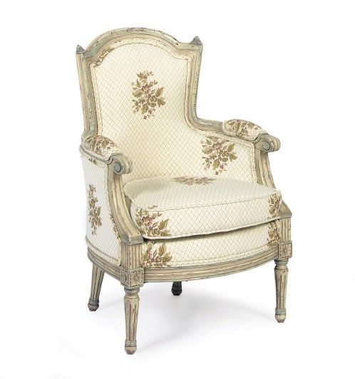 A WHITE-PAINTED AND UPHOLSTERED CHILD'S BERGERE,