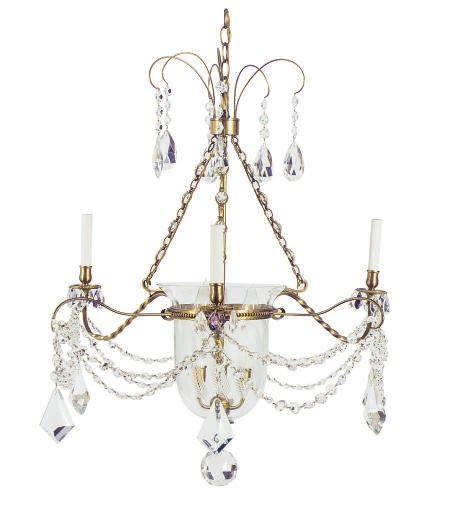 A GILT-METAL, CUT AND ETCHED-GLASS SIX-LIGHT CHANDELIER,