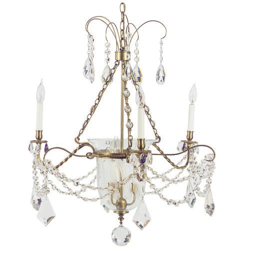 A GILT-METAL AND CUT-GLASS THREE-BRANCH SIX-LIGHT CHANDELIER,