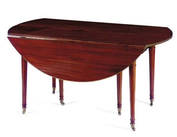 A LOUIS XVI BRASS-BANDED MAHOGANY EXTENDING DROP-LEAF DINING TABLE,