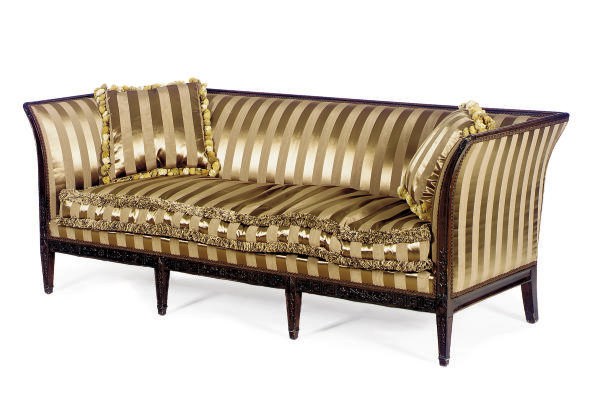 A STAINED-MAHOGANY AND UPHOLSTERED SETTEE,