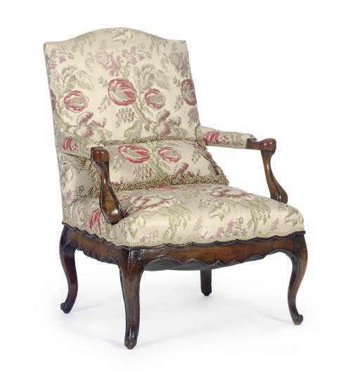 A LOUIS XV FRUITWOOD AND UPHOLSTERED FAUTEUIL,