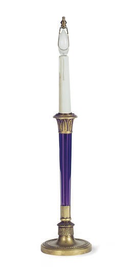 A GILT-METAL MOUNTED AMETHYST-COLORED GLASS CANDLESTICK MOUNTED AS A TABLE LAMP,