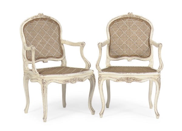 A PAIR OF WHITE-PAINTED AND CANED FAUTEUILS,