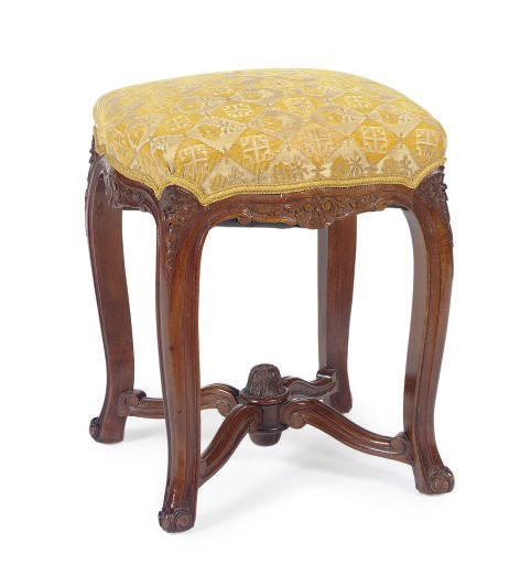 A MAHOGANY AND UPHOLSTERED STOOL,
