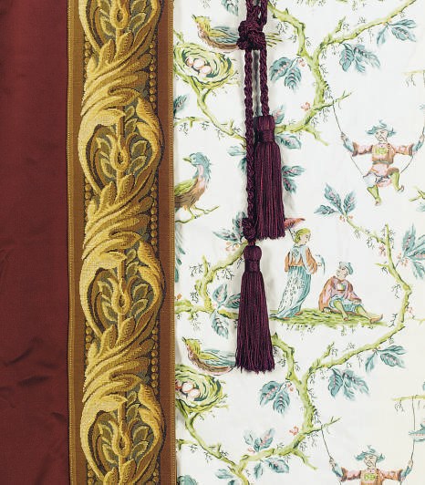 A GROUP OF AUBERGINE SATIN AND TAPESTRY BORDERED CURTAINS,