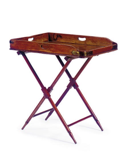 AN ENGLISH BRASS-BOUND MAHOGANY BUTLER'S TRAY-ON-STAND,