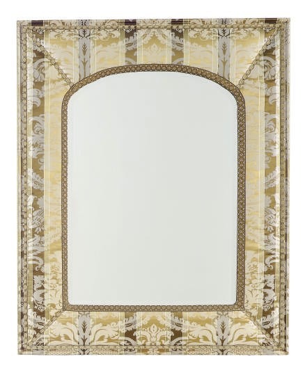 A DAMASK UPHOLSTERED MIRROR,