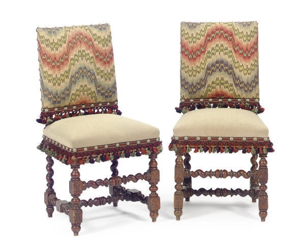 A PAIR OF OAK AND UPHOLSTERED SIDE CHAIRS,