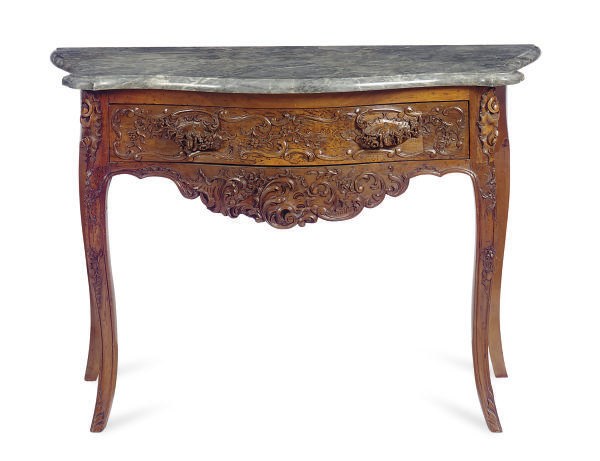 A LOUIS XV WALNUT AND MARBLE-TOP SIDE TABLE,
