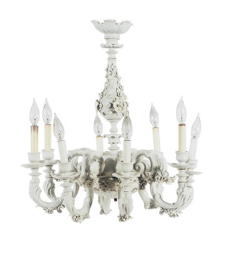 A WHITE-GLAZED PORCELAIN FLORAL EIGHT-LIGHT CHANDELIER,