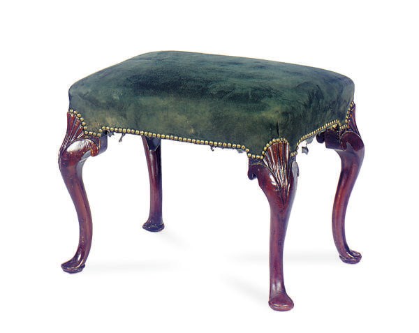 A MAHOGANY AND UPHOLSTERED STOOL,