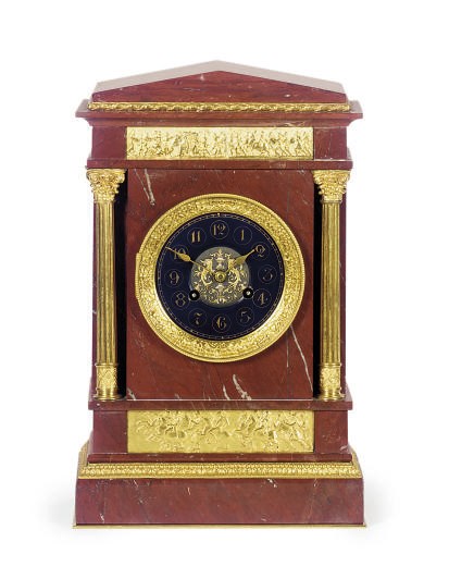 A FRENCH ORMOLU-MOUNTED RED MARBLE MANTEL CLOCK,