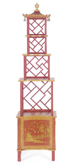 A RED-PAINTED AND GILT-DECORATED CHINOISERIE STYLE ETAGERE,