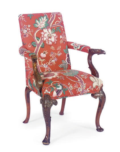 AN ENGLISH MAHOGANY OPEN ARMCHAIR,