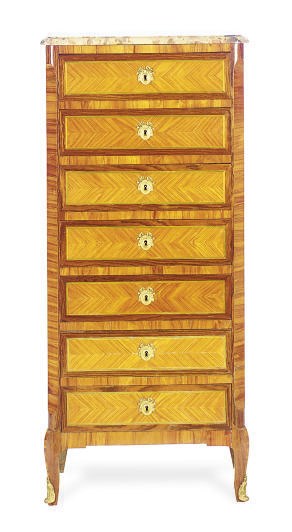 A FRENCH GILT-METAL MOUNTED TULIPWOOD, ROSEWOOD AND BRECHE D'ALEP MARBLE TOP SEMANIER**,
