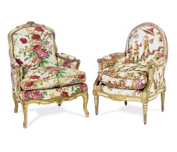 A LOUIX XVI CREAM-PAINTED AND PARCEL-GILT BERGERE,