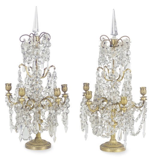 A PAIR OF GILT-METAL AND CUT-GLASS FIVE-LIGHT GIRANDOLES,