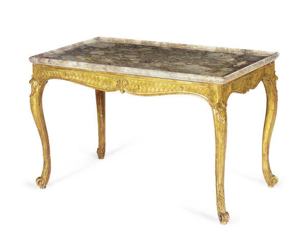 A GILTWOOD AND MARBLE TOP CENTER TABLE,