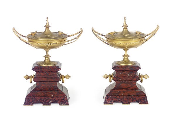 A PAIR OF ORMOLU AND RED GRIOTTE MARBLE TAZZE,