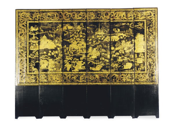 A CHINESE BLACK AND GILT-LACQUERED SIX-PANEL FLOOR SCREEN,