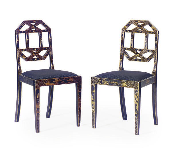 A PAIR OF BLACK AND GILT-DECORATED SIDE CHAIR,