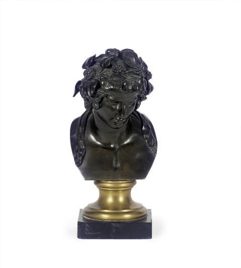 A FRENCH PATINATED BRONZE BUST OF BACCHUS,