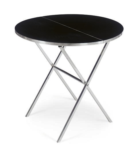 A PAIR CHROMED-METAL AND LEATHER FOLDING TABLES,